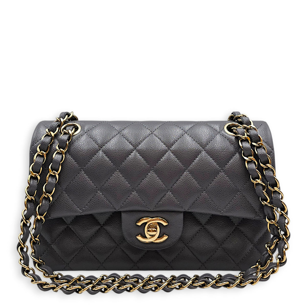 Classic Small Grey Shoulder Bag in Caviar Leather Gold hardware