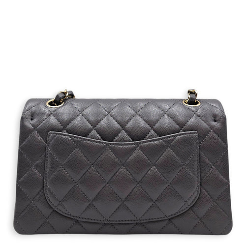 Classic Small Grey Shoulder Bag in Caviar Leather Gold hardware