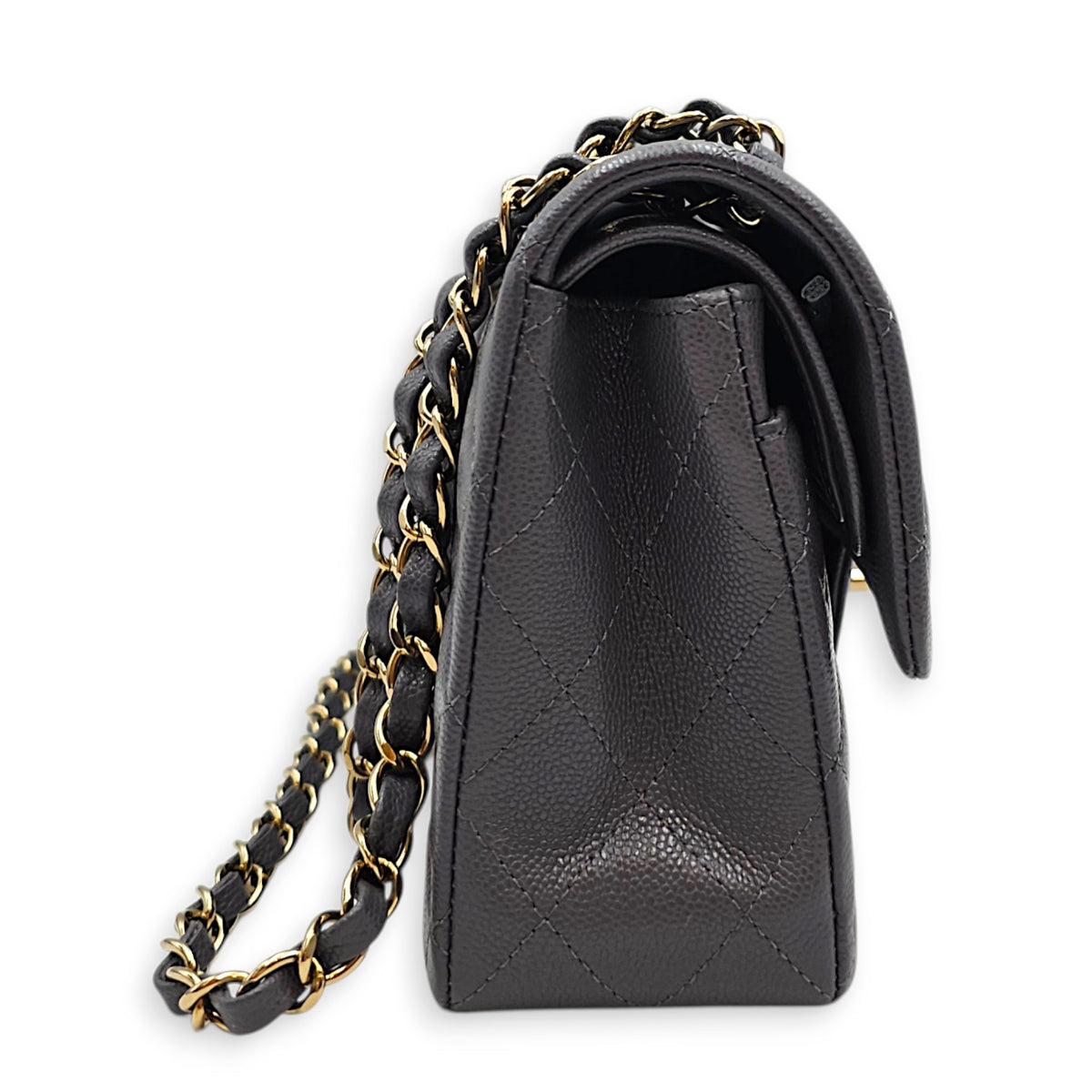 Classic Small Grey Shoulder Bag in Caviar Leather Gold hardware