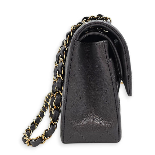 Classic Small Grey Shoulder Bag in Caviar Leather Gold hardware
