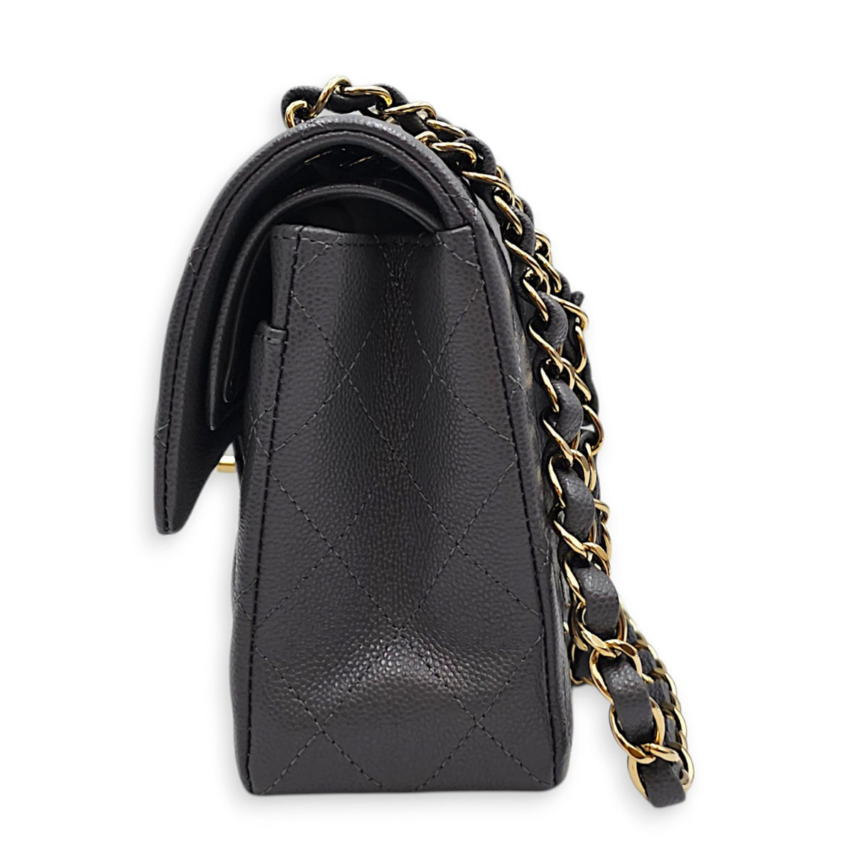 Classic Small Grey Shoulder Bag in Caviar Leather Gold hardware