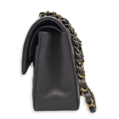 Classic Small Grey Shoulder Bag in Caviar Leather Gold hardware