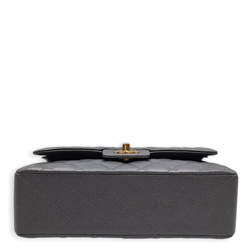 Classic Small Grey Shoulder Bag in Caviar Leather Gold hardware
