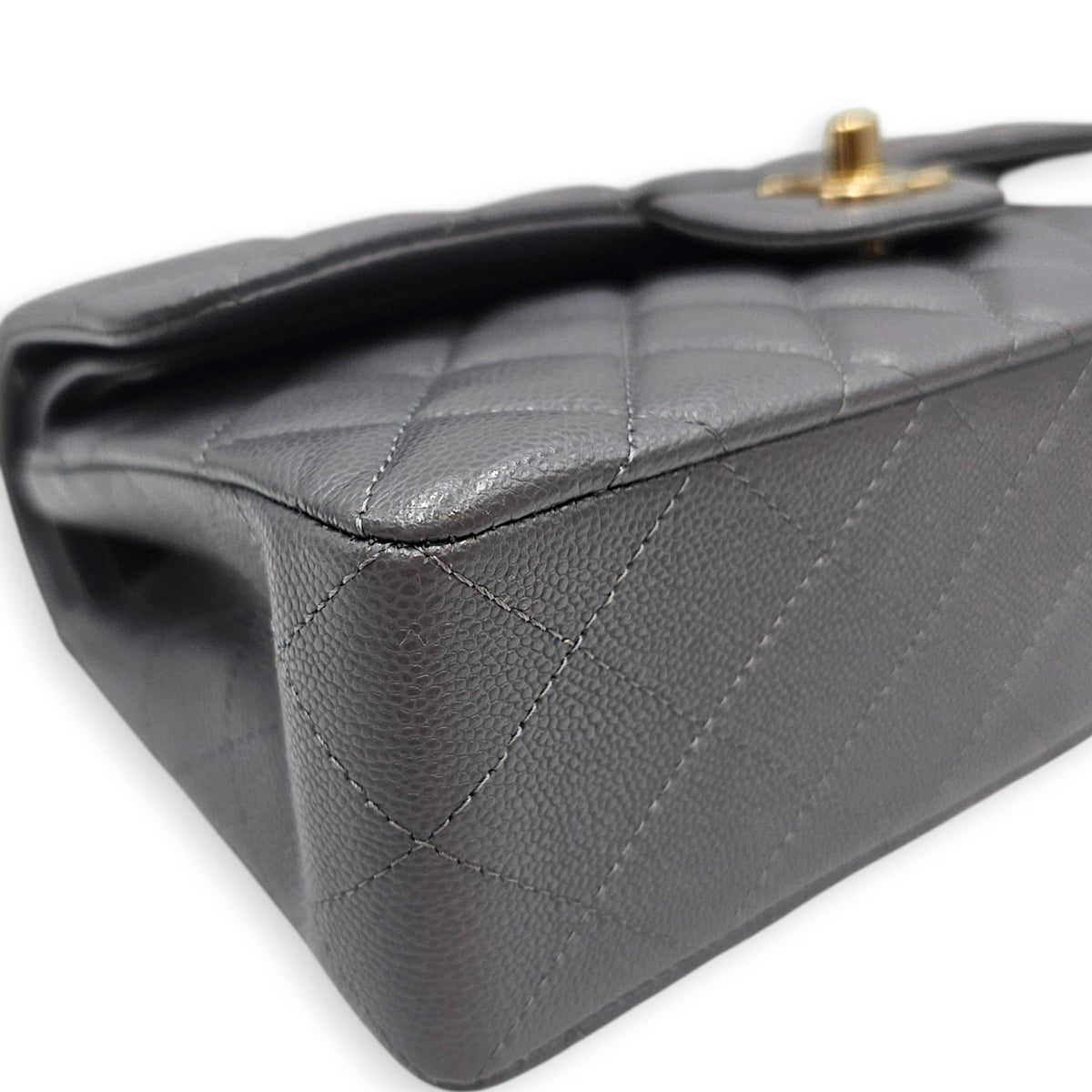 Classic Small Grey Shoulder Bag in Caviar Leather Gold hardware