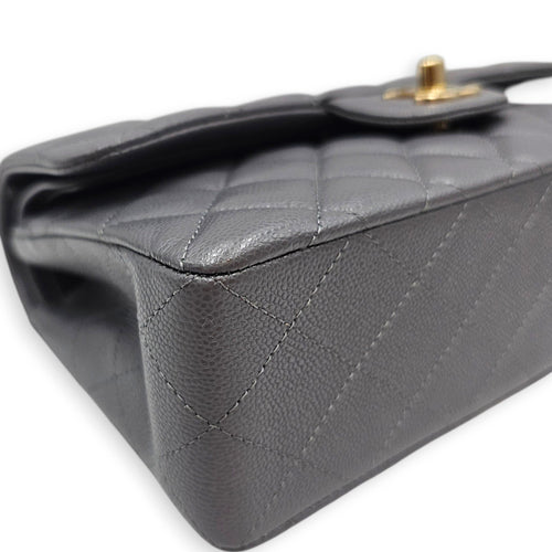 Classic Small Grey Shoulder Bag in Caviar Leather Gold hardware