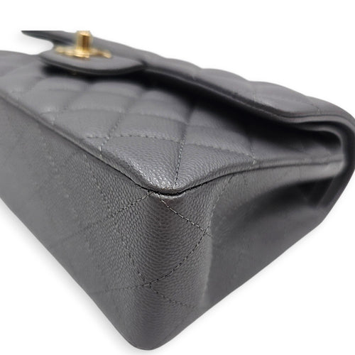 Classic Small Grey Shoulder Bag in Caviar Leather Gold hardware