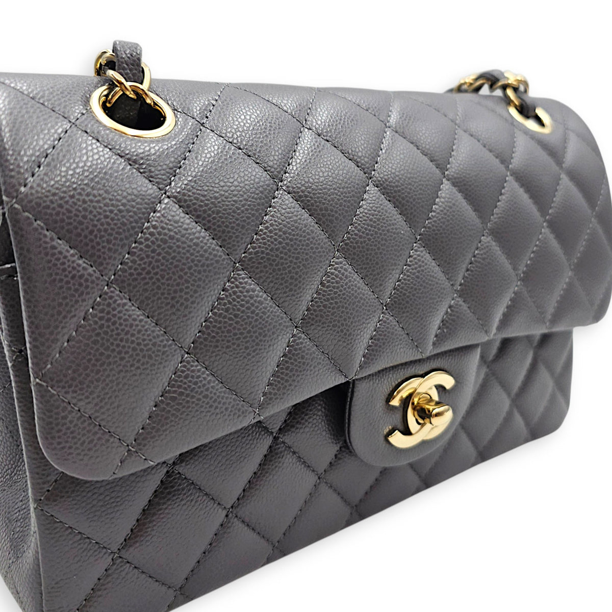 Classic Small Grey Shoulder Bag in Caviar Leather Gold hardware