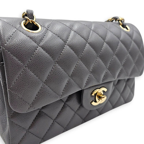 Classic Small Grey Shoulder Bag in Caviar Leather Gold hardware