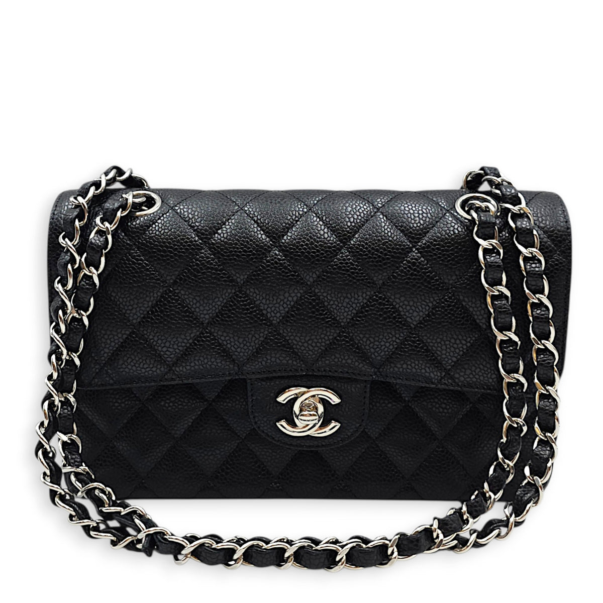 Classic Small Black Shoulder Bag in Caviar Leather Silver hardware