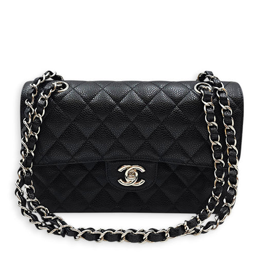 Classic Small Black Shoulder Bag in Caviar Leather Silver hardware
