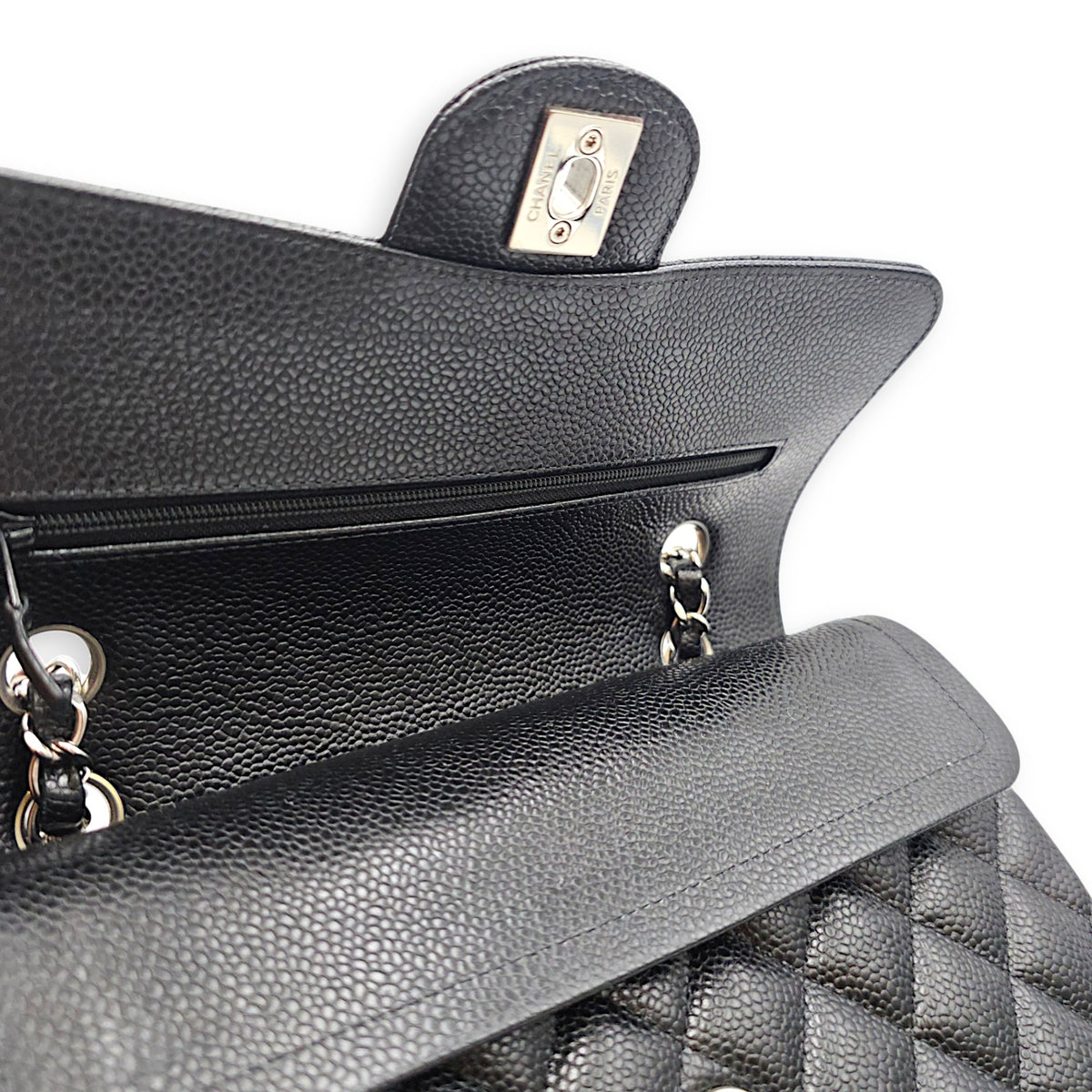 Classic Small Black Shoulder Bag in Caviar Leather Silver hardware