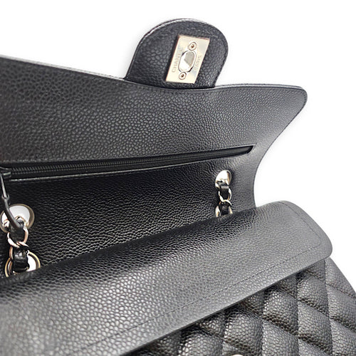 Classic Small Black Shoulder Bag in Caviar Leather Silver hardware