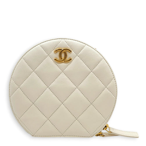 Round CC White Crossbody Bag in Calfskin Gold hardware