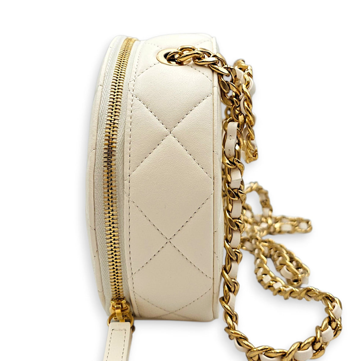 Round CC White Crossbody Bag in Calfskin Gold hardware