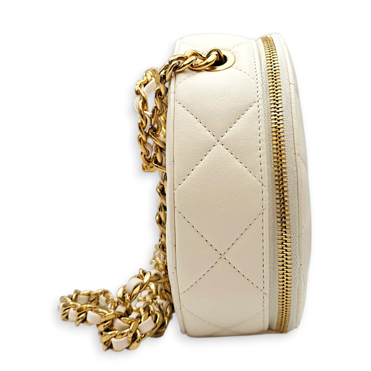 Round CC White Crossbody Bag in Calfskin Gold hardware