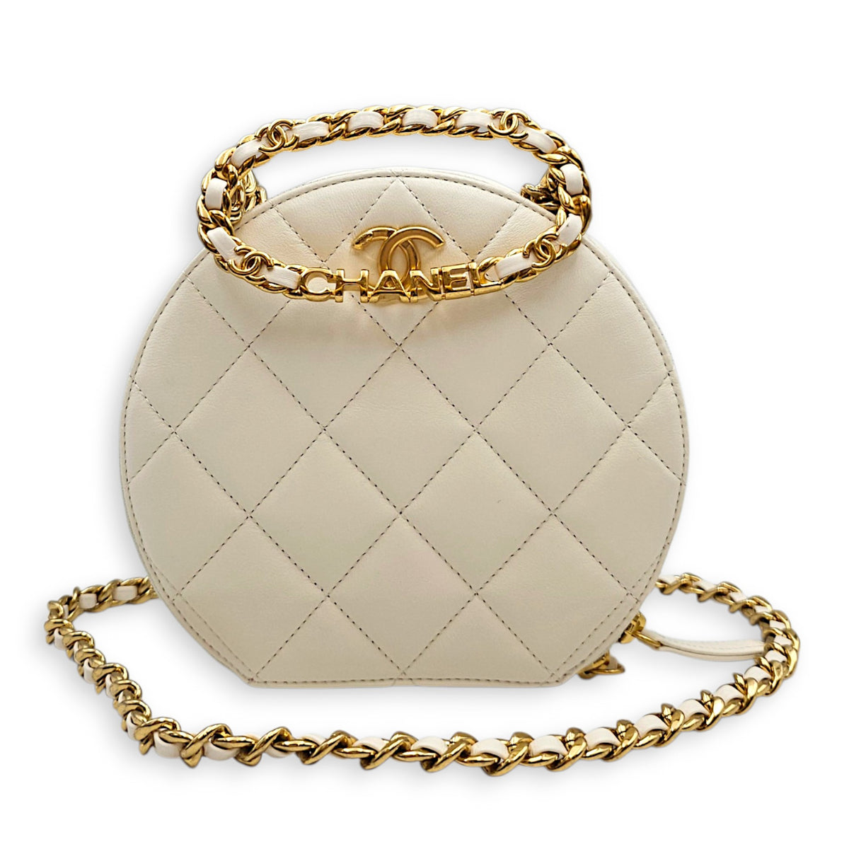 Round CC White Crossbody Bag in Calfskin Gold hardware