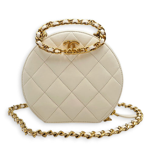 Round CC White Crossbody Bag in Calfskin Gold hardware