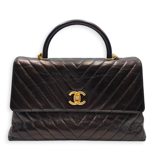 Coco Handle Chevron Large Black Top Handle Bag in Calfskin Gold hardware