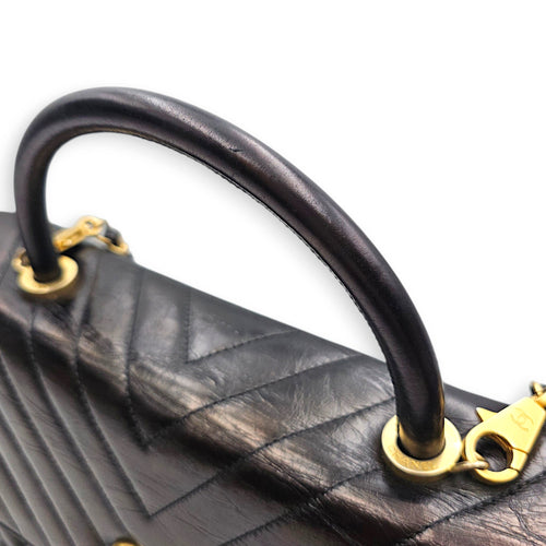 Coco Handle Chevron Large Black Top Handle Bag in Calfskin Gold hardware