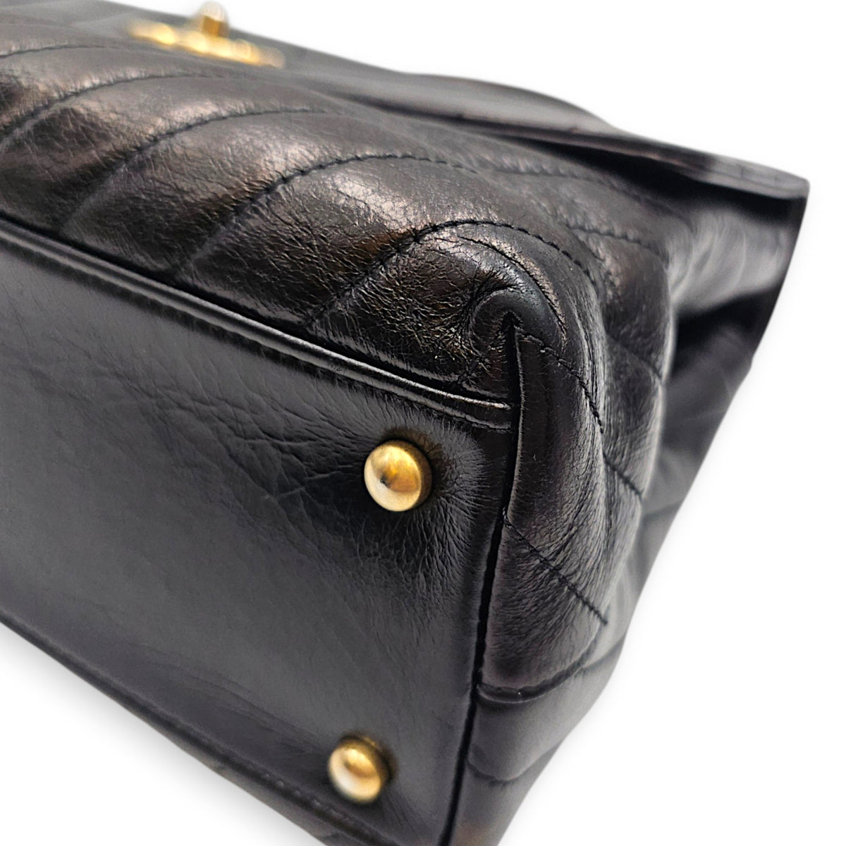 Coco Handle Chevron Large Black Top Handle Bag in Calfskin Gold hardware