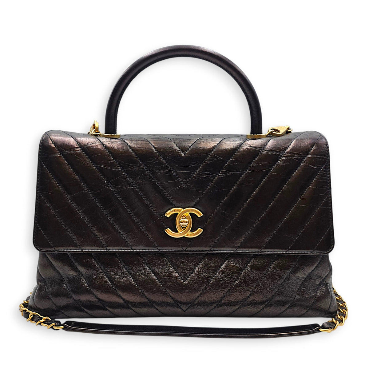 Coco Handle Chevron Large Black Top Handle Bag in Calfskin Gold hardware