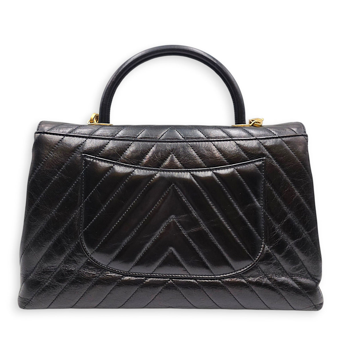 Coco Handle Chevron Large Black Top Handle Bag in Calfskin Gold hardware