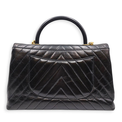 Coco Handle Chevron Large Black Top Handle Bag in Calfskin Gold hardware