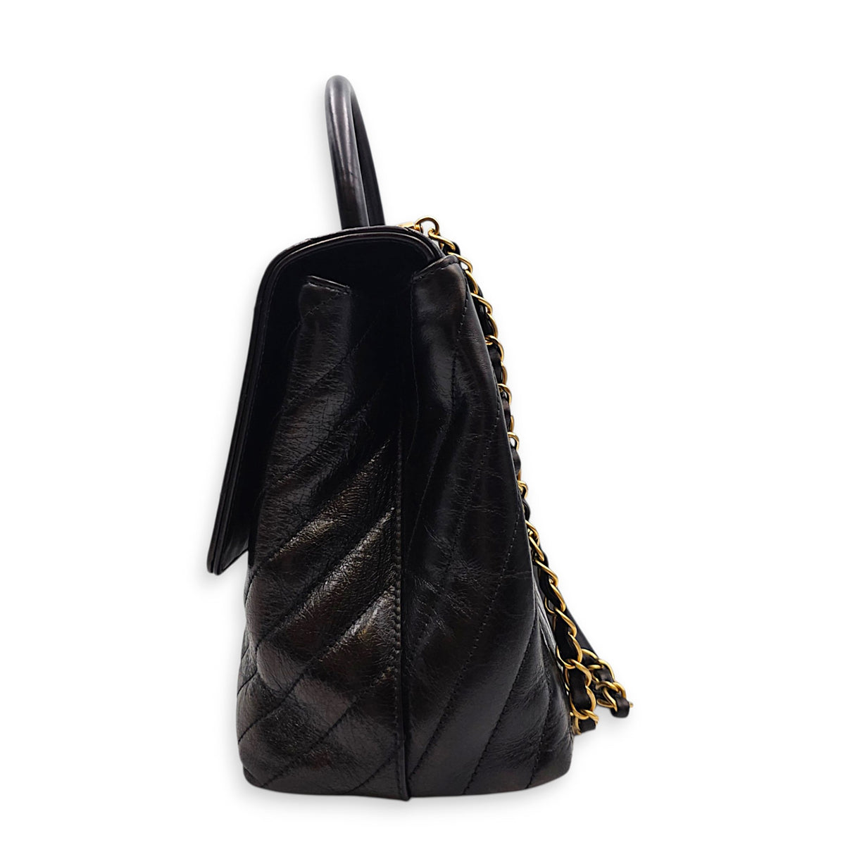 Coco Handle Chevron Large Black Top Handle Bag in Calfskin Gold hardware