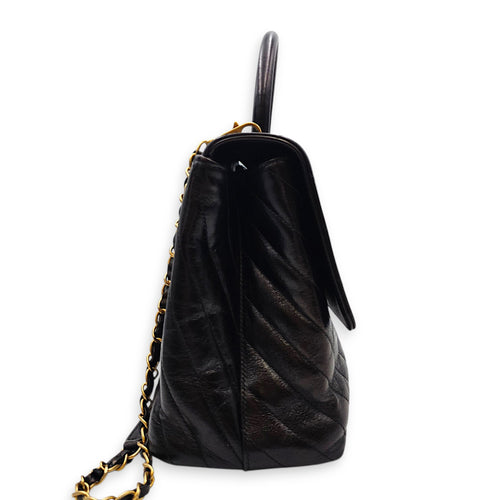 Coco Handle Chevron Large Black Top Handle Bag in Calfskin Gold hardware