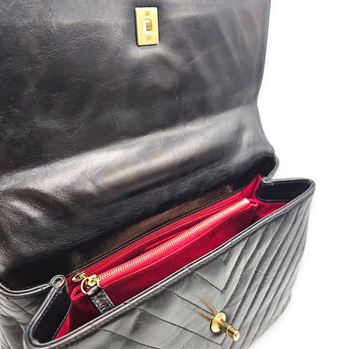Coco Handle Chevron Large Black Top Handle Bag in Calfskin Gold hardware