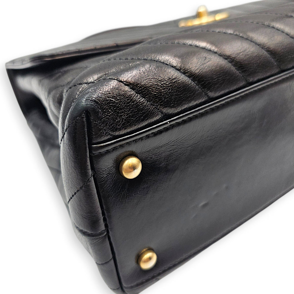 Coco Handle Chevron Large Black Top Handle Bag in Calfskin Gold hardware