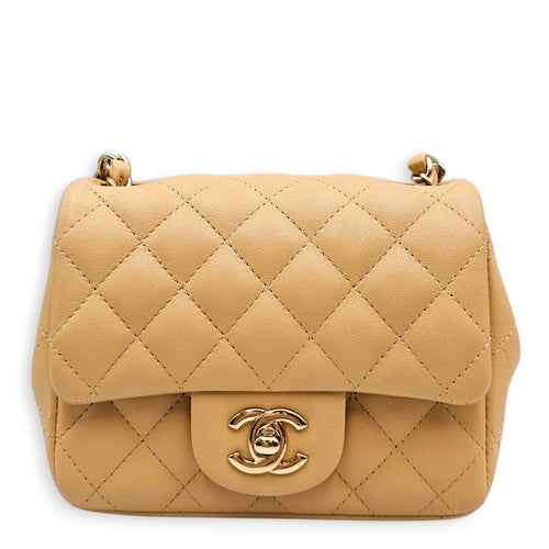 Mini Square Flap Beige  Shoulder Bag in Calfskin Silver hardware