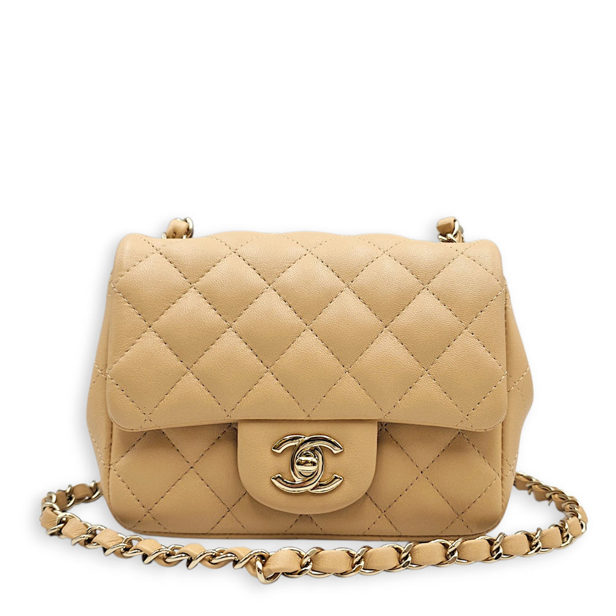 Mini Square Flap Beige  Shoulder Bag in Calfskin Silver hardware
