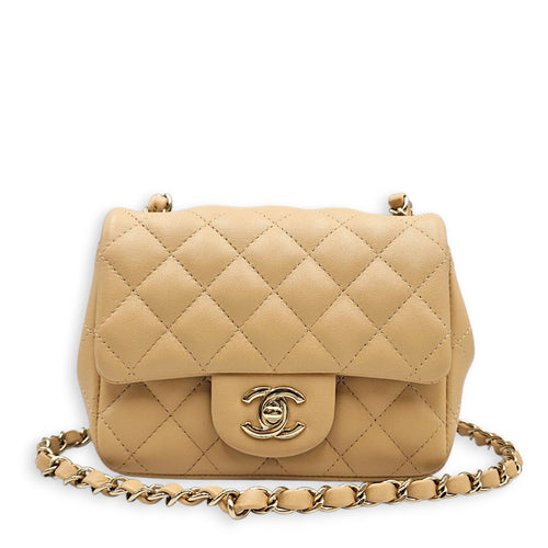 Mini Square Flap Beige  Shoulder Bag in Calfskin Silver hardware