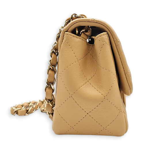Mini Square Flap Beige  Shoulder Bag in Calfskin Silver hardware