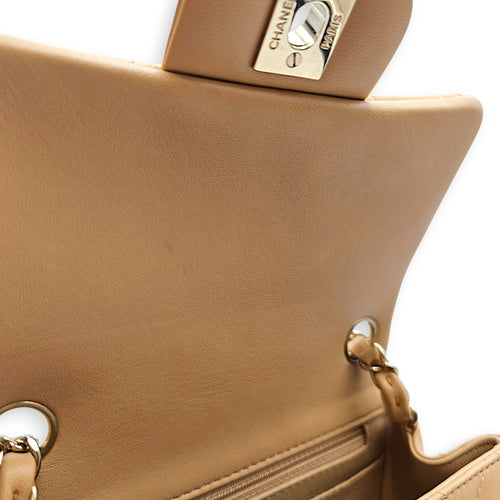 Mini Square Flap Beige  Shoulder Bag in Calfskin Silver hardware