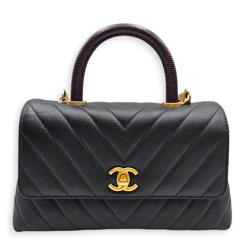 Coco Handle Chevron Small Black Top Handle Bag in Caviar Leather Gold hardware