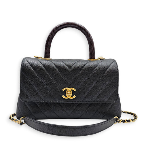 Coco Handle Chevron Small Black Top Handle Bag in Caviar Leather Gold hardware