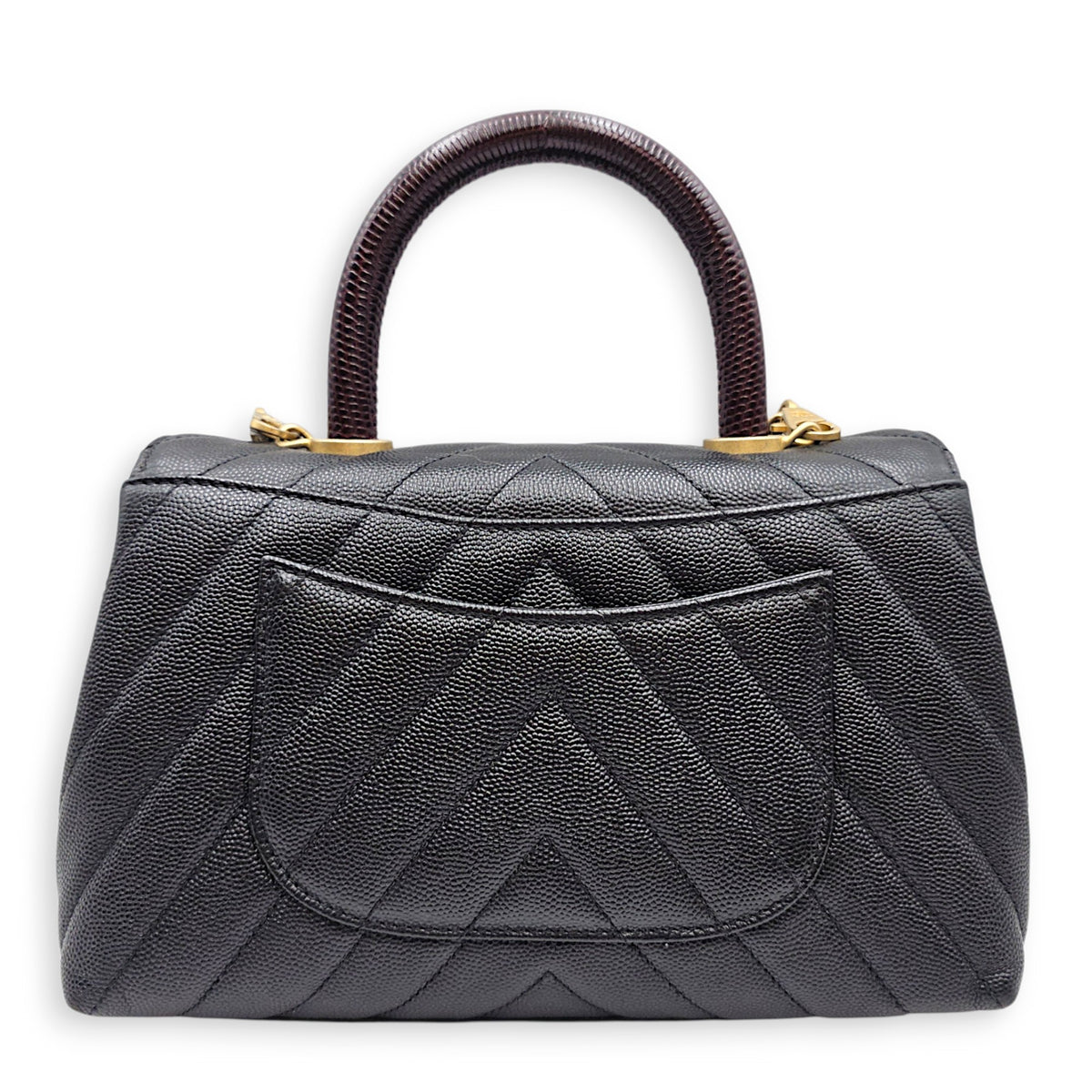Coco Handle Chevron Small Black Top Handle Bag in Caviar Leather Gold hardware