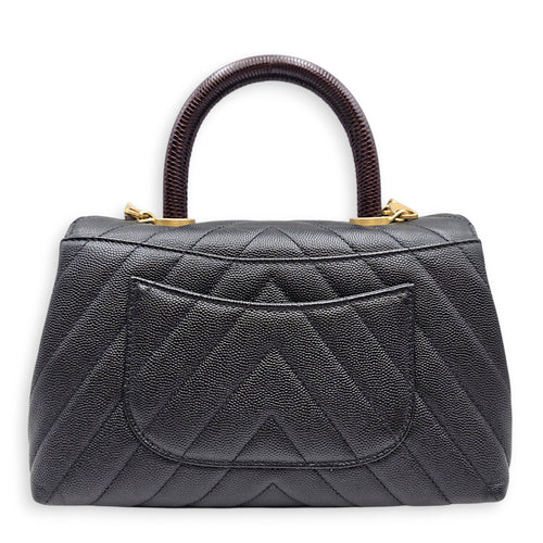 Coco Handle Chevron Small Black Top Handle Bag in Caviar Leather Gold hardware