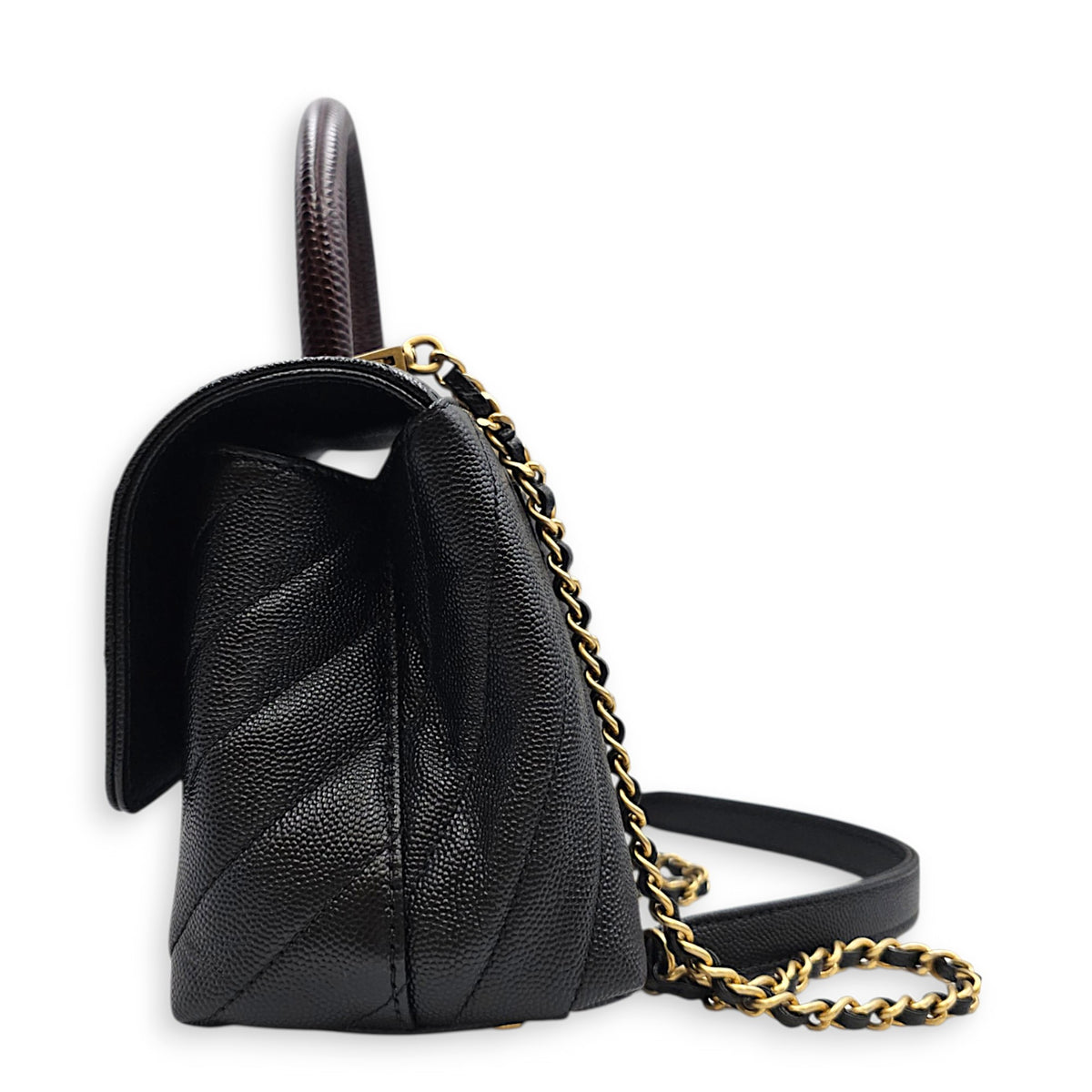 Coco Handle Chevron Small Black Top Handle Bag in Caviar Leather Gold hardware