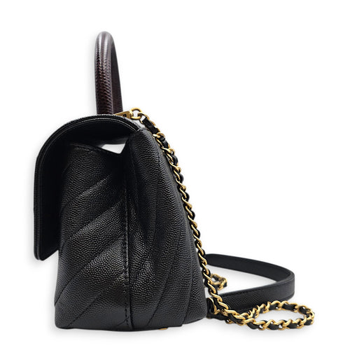 Coco Handle Chevron Small Black Top Handle Bag in Caviar Leather Gold hardware