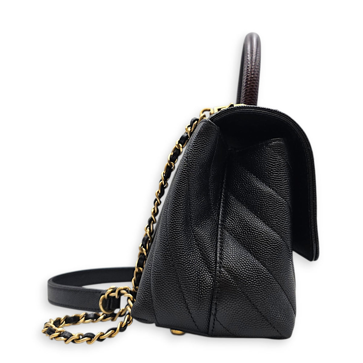 Coco Handle Chevron Small Black Top Handle Bag in Caviar Leather Gold hardware