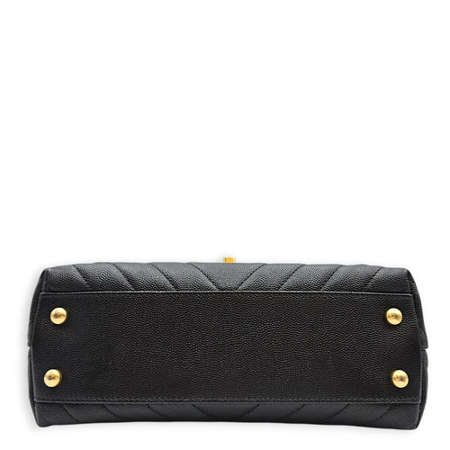 Coco Handle Chevron Small Black Top Handle Bag in Caviar Leather Gold hardware