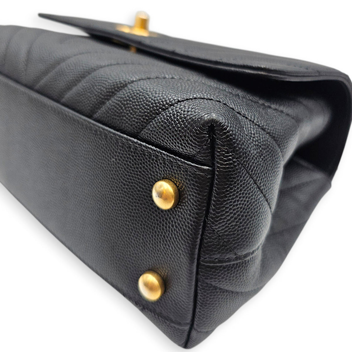 Coco Handle Chevron Small Black Top Handle Bag in Caviar Leather Gold hardware