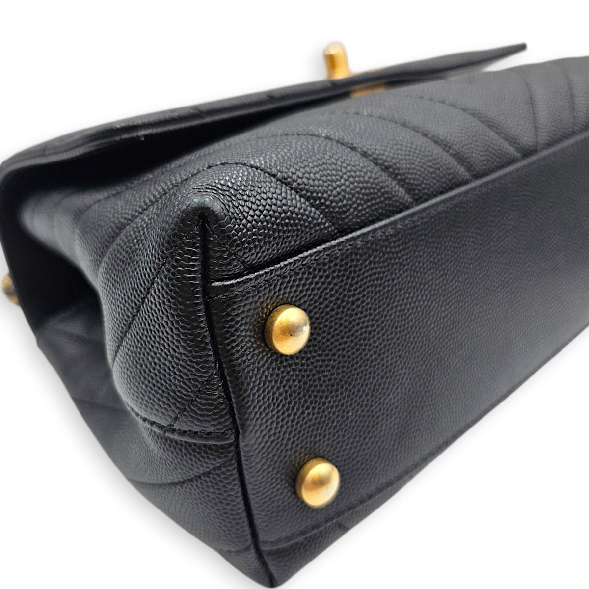 Coco Handle Chevron Small Black Top Handle Bag in Caviar Leather Gold hardware