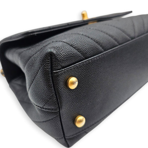 Coco Handle Chevron Small Black Top Handle Bag in Caviar Leather Gold hardware