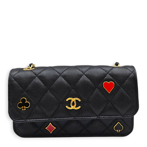 O-Phone Holder with Chain  Small Black Crossbody Bag in Caviar Leather Gold hardware