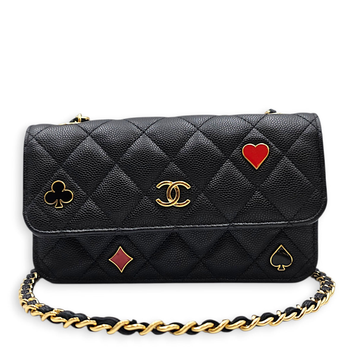 O-Phone Holder with Chain  Small Black Crossbody Bag in Caviar Leather Gold hardware