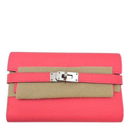 Kelly Depliant Rose Azalee Wallet in Epsom Palladium hardware